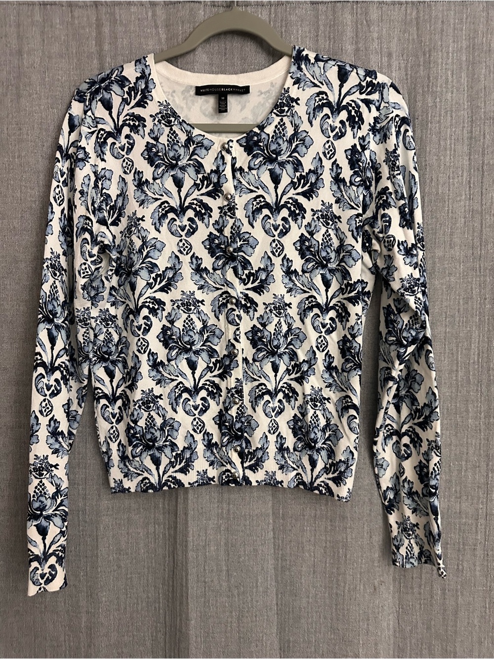 White House Black Market White and Blue Floral Crewneck Cardigan